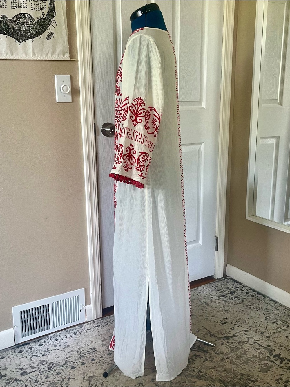Red and white semi sheer embroidered caftan cover up, super cute Pom Pom sleeves - Picture 6 of 10